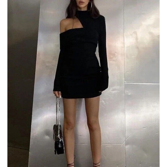 Commense Dresses & Skirts - Commense Chic Mock Neck Oblique Cutout Rib Long Sleeve Short Dress Size M NWT
